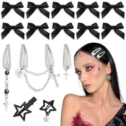 15PCS Sliver Hair Clips Black Small Hair Bows Dangle Cross Clips Metal 6 Shapes Pentagram Star Barrettes Gothic Snap Clips Punk 2000s Y2K Hair Accessories for Women