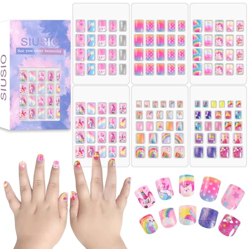 SIUSIO 6 Pack Press on Nails kids Children Acrylic Fake Nails Cute Pre-glue Full Cover Gradient Color Rainbow Short Stick On False Nail Art Kits Set for Kids Little Girls - Rainbow Dream
