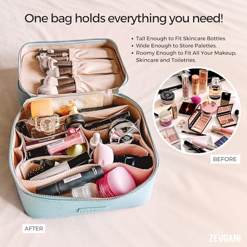 ZEVGANI Travel Makeup Bag Vanity Case with Mirror, Large Toiletry Bag Portable Leather Makeup Bag Organizer with Dual Compartments Removable Dividers for Skincare & Brushes, Blue