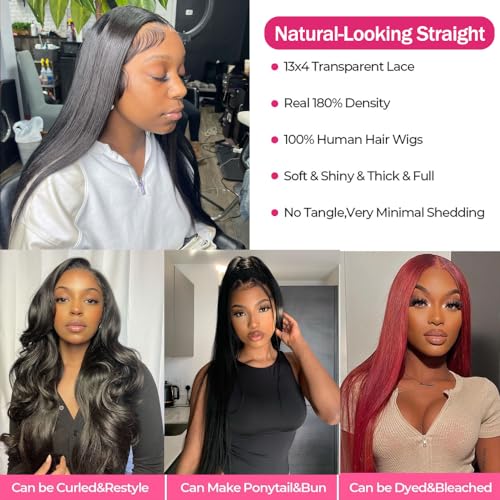 26 Inch Straight Lace Front Human Hair Wig - Pre Plucked 13x4 HD Transparent Frontal, 180% Density, Glueless for Women