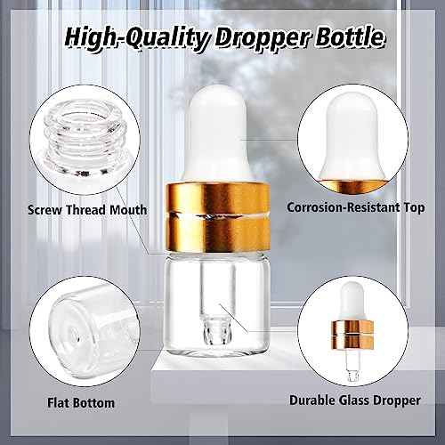 50 Pack 1ml Clear Glass Dropper Bottles with 2 Pcs Plastic Droppers, Mini Sample Dropper Bottles for Essential Oils Perfume Cosmetic Liquid, Empty Travel Sample Vials with Gold Cap