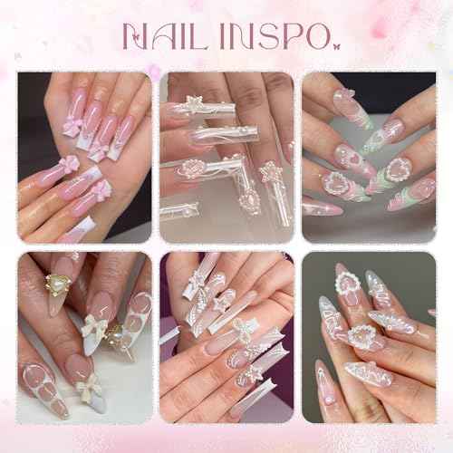 3D Nail Charms and Gems Set 7, 20PCS Chunky Butterfly Charms + 75PCS Coquette Nail Bows and Hearts + 3D Flowers for Nails with Rhinestones, Pearls, Diamonds and Picker Tools for Y2K Nail Decor