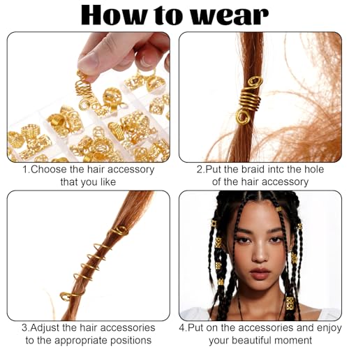 220 Pcs Gold Hair Jewelry for Braids Dreadlock Locs Accessories Metal Hair Clips for Women Girls Adjustable Cuffs Brading Clips Hair Rings Decoration (Gold)