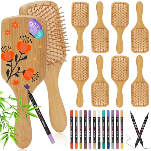 8 PCS Bamboo Hair Brush for Hair Growth Natural Bamboo Paddle Hairbrush with 12 Multicolor Pens Massaging Scalp Brush for Women Men Kids Detangling Curly Thick Wavy Hair DIY Gift for Crafts