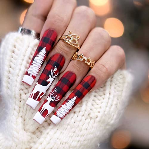 24Pcs Christmas Press on Nails Medium Length Red Buffalo Plaid Coffin Fake Nails Xmas Tree Deer False Nails with Nail Glue Full Cover Acrylic Nails for Women Girls DIY New Year Nail Decor