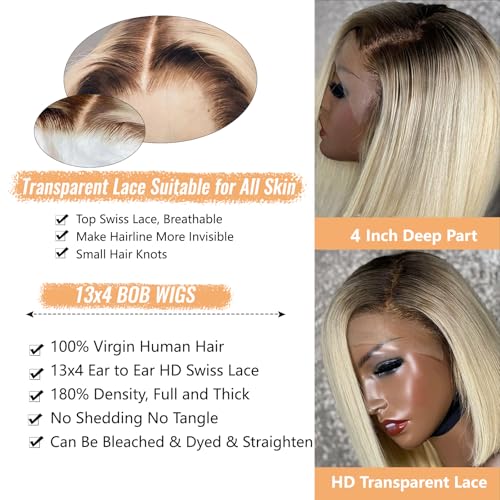 Ombre Blonde Bob Wig Human Hair Glueless 13x4 Lace Front Wigs Bleached Knots Pre Plucked Dark Roots 1B613 Blunt Cut Bob Wigs with Baby Full 180% Density Lace Frontal Wigs Middle Part 12¡±