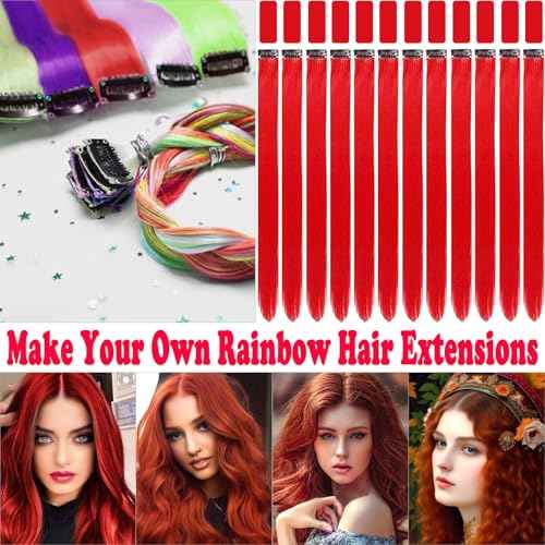 12 PCS Red Hair Extensions Clip in, 22 Inch Colored Hair Extensions Party Highlights Long Straight Synthetic Hairpieces for Women Kids Girls Cosplay