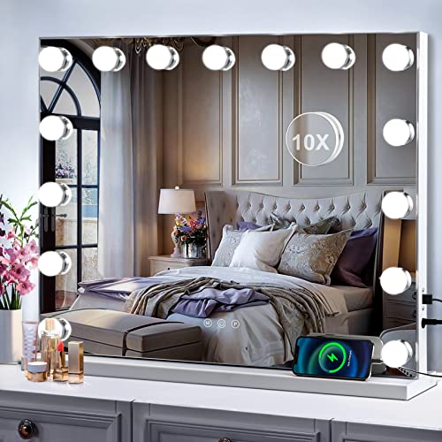 Hollywood Vanity Mirror with Lights, 15 Bulbs 23 x 18 Inch Makeup Mirror with USB Charging and 10x Magnification, Touchscreen 3 Lighting Modes