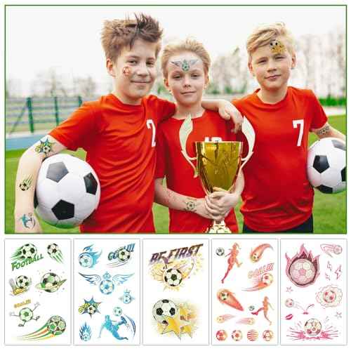 Konsait 20 Sheets Glitter Tattoos for Kids - Soccer, Football & Sports Themed Washable Tattoos Football Tattoo Soccer Favors Sports Tattoo Temporary for Kids Soccer Themed Gifts
