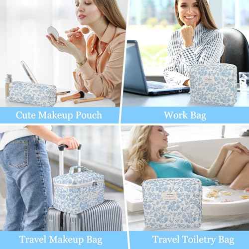 Makeup Bag, Large Quilted Cosmetic Bag, Big Floral Make Up Bag for Women Girls, Cute Cotton Makeup Bag Set, Flower Travel Toiletry Organizer Bag (Blue Flower)