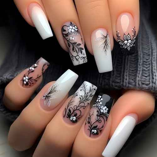 Medium Press on Nails Coffin Fake Nails with Black Floral Designs Light White Nude Acrylic Nails Fall Winter Nails Press ons Glossy Glue on Nails Daily Wear Natural Stick on Nails for Women 24Pcs