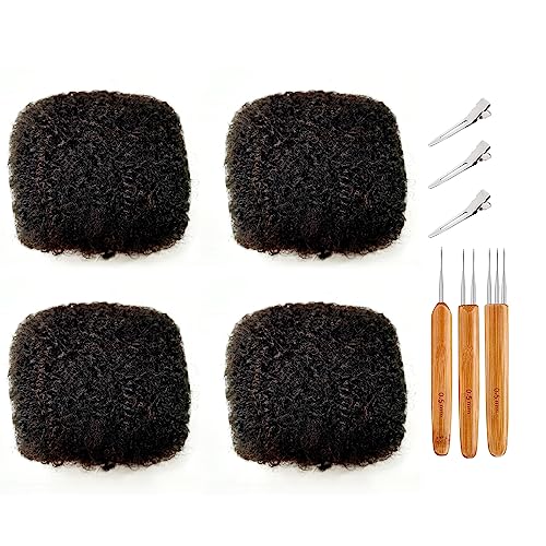 Tight Afro Kinky Bulk Human Hair for Dreadlock Extensions, 100% Human Hair,120Gram 12 Inch 4 Bundles/Pack Natural Black #1B,Repair Extensions,Making Locs or Braids, with Needles and Hairpin