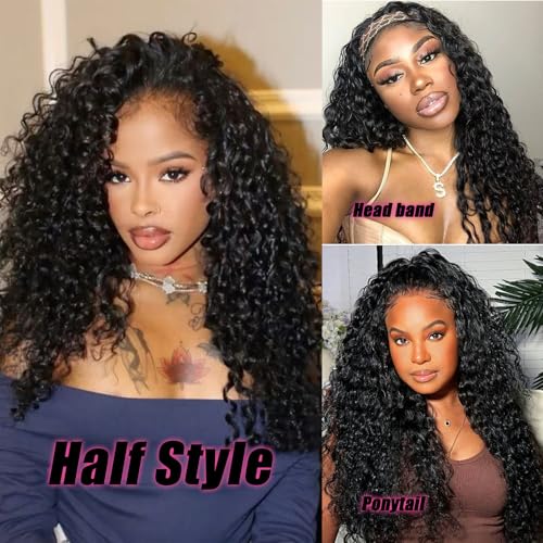SENSAIRUITE Deep Wave Half Wig Human Hair Curly Half Wigs for Women - Upgrade Drawstring 3 in 1 Seamless Flip Over Glueless Wig 18-inch Natural Black
