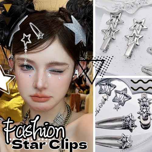 10 Pcs Silver Hair Clips Metal Star Barrettes, 8 Shapes Hairpin Barrettes, Goth Hair Pins Set, Punk 2000s Hair Accessories for Women and Girls Styling Star Hairpin (10 PCS)