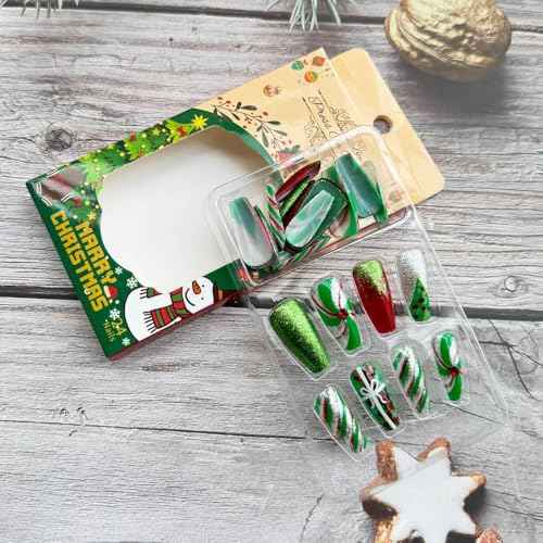 Christmas Press on Nails Medium Coffin Fake Nails with Christmas Tree Gift Knots Designs Glitter Glue on Nails Xmas Design Green and Red Stripes Full Cover False Nails Artificial Acrylic Nails 24pcs