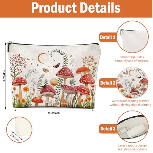 2 PCs Floral Mushroom Makeup Bag Mushroom Gifts Cosmetic Bag, Mushroom Stuff mushroom bag, Mushroom Gift for Women Girls Friends Coworkers Christmas birthday Gifts Botanical Zipper Pouch
