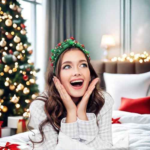 2 Pcs Christmas knotted Headbands for Women Girls Red Green Pearl Rhinestone Headband with Jewel Crystal Winter Christmas Holiday Gifts for Women