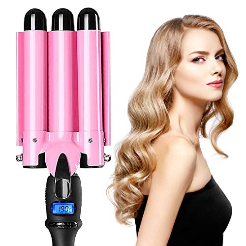3-Barrel Curling Iron Ceramic Tourmaline Crimper with LCD Display & Dual Voltage Crimper Hair Tool for Women Beach Waves with Adjustable Temp (Pink)