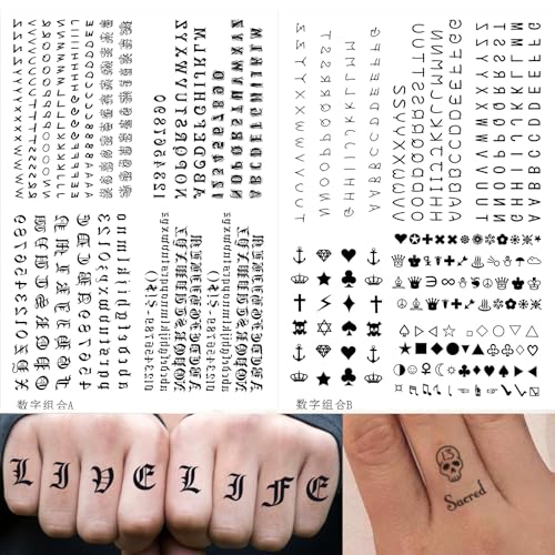 30 Sheet Alphabet Temporary Tattoo Stickers Finger Tattoos Black English Letters DIY Name Tattoo Cross Crown Tattoos Wrist Finger Body Art Fake Tattoo Kit for Adults Women Men and Kids