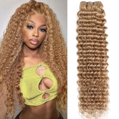 Honey Blonde Deep Wave Bundles Human Hair Color #27 Blonde Curly Bundle for Black Women 18 Inch Double Weft Colored Wet and Wavy Human Hair Bundle
