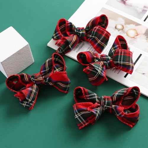 4PC Christmas Hair Bow Clips for Women Girls 4 Inch Party Hair Accessories Red with Green Plaid