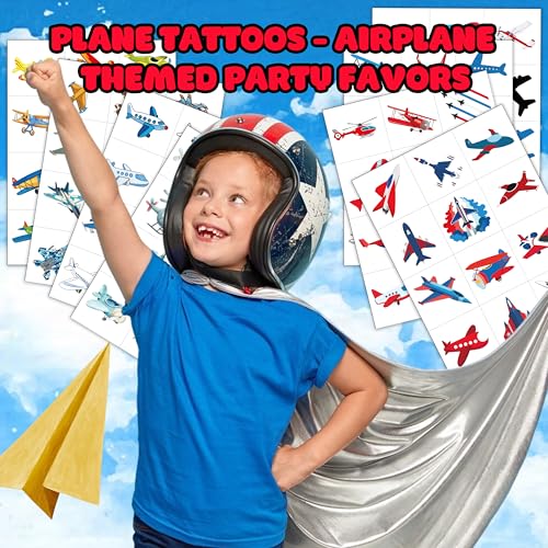 96PCS Airplane Temporary Tattoos Pre-Cut, Aviation Theme Birthday Party Decorations, Fighter Jet Plane Tattoo Stickers for Kids Boys Girls, Party Favors, School Gifts & Rewards