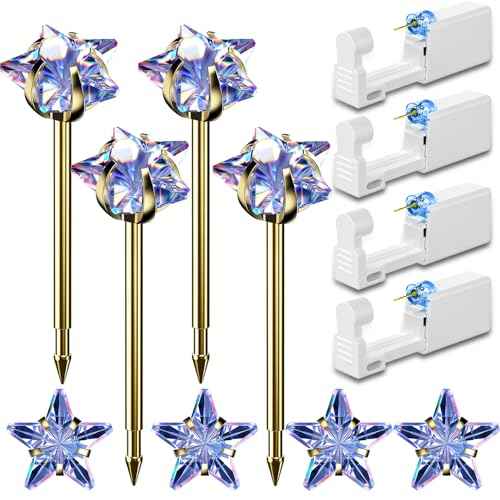 12 Pcs Ear Piercing Kit Disposable Ear Piercing Gun Kit with 4 Pcs 5 Prong Setting Cubic Zirconia Rainbow Star Earrings Stud 316L Stainless Steel Easy to Use Self Ear Piercer Gun Kit