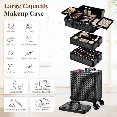 AROUS 5 in 1 Rolling Makeup Train Case Cosmetology Case on Wheels Large Cosmetic Organizer Travel Cart for Hairstylist Artist Nail Beauty Salon Barber,Black