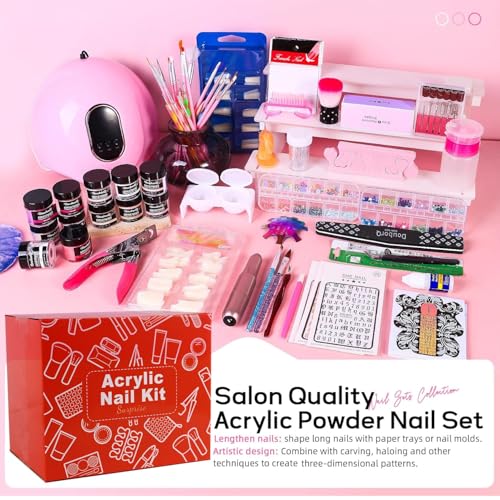 Acrylic Nail Art Kit-Nail Art Manicure Set Acrylic Powder Brush Glitter File French Tips U V Lamp Nail Art Decoration Tools Nail Drill kit for beginners with everything at home (White)