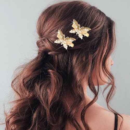 BARTOSI Butterfly Hair Clips Sparkly Gold Hair Clip Small Cute Hair Pins Butterfly Hair Accessories for Women and Girls (Pack of 2)