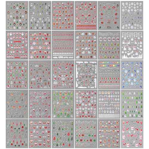 30 Sheets Nail Stickers - 3D Cartoon Christmas Art, Self-Adhesive Decals for Women - Winter Snowflake, Santa Claus, Snowman, Xmas Tree Themes