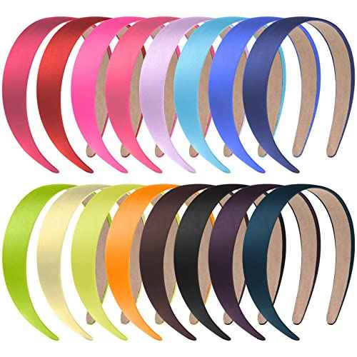 anezus 16 Pcs Satin Headbands Bulk 1 Inch Anti-slip Ribbon Hair Bands Plain Hard Headbands for Women Girls DIY Craft Hair Accessories (Multicolor)