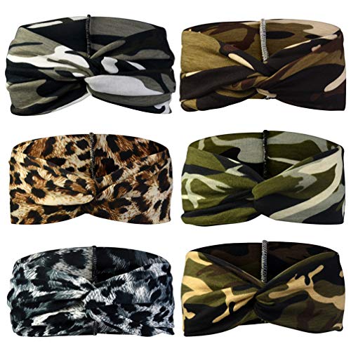 6pcs Camo Leopard Headbands Elastic Bow Hairband Turban Twisted Head Wrap Knot Hair Accessories for Women Girls Running Sport Travel