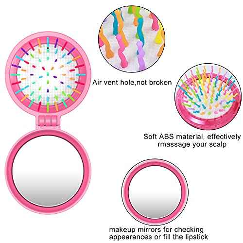 Hair Brush, 8 Pcs Folding Travel Mirror Hair Brushes Round, Compact Portable Hair Brush with Mini Mirror for Women Girls