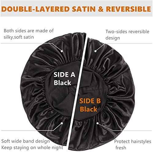 Bonnet for Men,Hair Bonnet for Sleeping,Double Layer Satin Bonnets for Black Women Curly Hair Braids,Reversible Sleep Cap (Large,Black/Black)