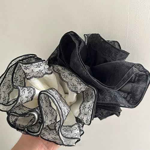 2 Pieces Lace Organza Scrunchies Large Hair accessories for Women girls Elegant lace hair ties ponytail thick curly hairs (Black)
