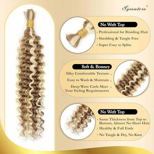 Highlighted Multi-Blonde Braiding Human Hair for Boho Knotless Braids, Ombre 27/613 Curly Braiding Hair Deep Wave Human Hair Bulk, No Weft Blonde Extensions 100G FULL BULK 24 Inch