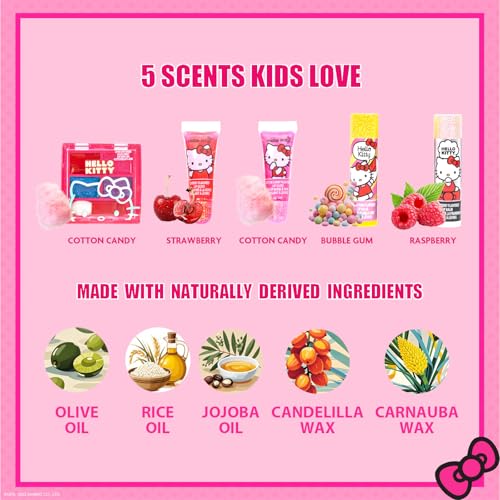 Hello Kitty Beauty Mini Train Case Set Includes Lip Gloss Tube, Lip Balm, Lip Gloss Compact for Girls,for Parties, Sleepovers, Ages 3+ by Townley Girl