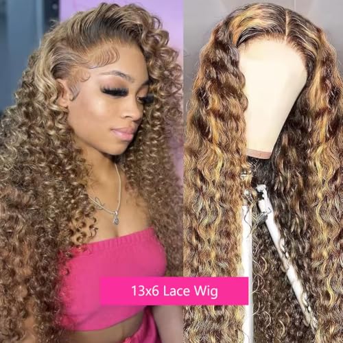 Highlight Honey Blonde Deep Wave Lace Front Wig 13¡¿6 Ombre P4/27 Highlight colored Lace Front Wigs Human Hair Pre Plucked Bleached Knots 200% Density (13x6 Honey Deep, 18 inch)