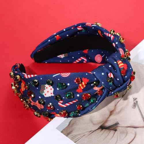 Christmas Headband for Women Christmas Gifts Candy Cane Snowman Knotted Headband Jeweled Crystal Embellished Wide Hairband Xmas Hairhoop Costume Accessories