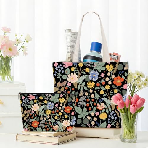 Aesthetic Floral Tote Bag Makeup Bag Flower Decor Gifts for Girls Christmas Shopping Grocery Bags Cosmetic Bags