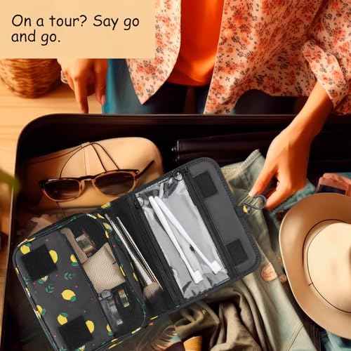 Foldable Hanging Travel Toiletry Bag,Waterproof Portable Travel Bags, Multifunction Travel Makeup Cosmetic Bag Organizer with Hanging Hook (Black Lemon)
