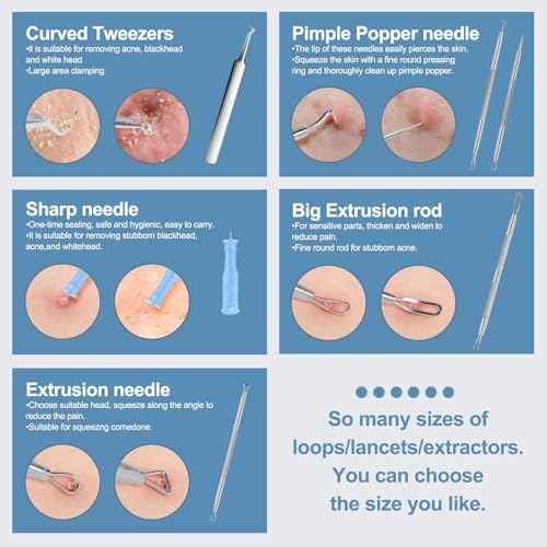 60PCS Dual Heads Blackhead Remover, Pimple Comedone Extractor, Acne Whitehead Blemish Removal Kit, Premium Stainless Steel Pimple Popper Tool kit, Risk Free for Face Skin, with Portable Box