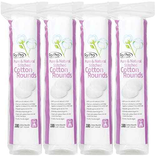 ForPro Pure & Natural Stitched Cotton Rounds for Face (400-Count), 100% Pure Cotton Makeup Remover Pads, Hypoallergenic, Lint-Free, Vegan & Cruelty-Free, Pack of 4-100 Cotton Pads
