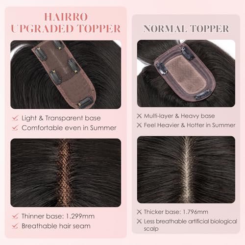 Hairro Human Hair Topper with Wispy Bangs, Clips on 360¡Æ 3D Cover Real Hairpieces Lightweight, 2.25"x6" Base for Women with High Hairline/Thinning Hair, 8 Inch Natural Black Bangs