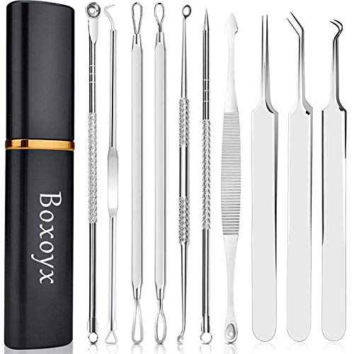 Pimple Popper Tool Kit - Boxoyx 10 Pcs Blackhead Remover Comedone Extractor Kit with Metal Case for Quick and Easy Removal of Pimples, Blackheads, Zit Removing, Forehead,Facial and Nose(Silver)