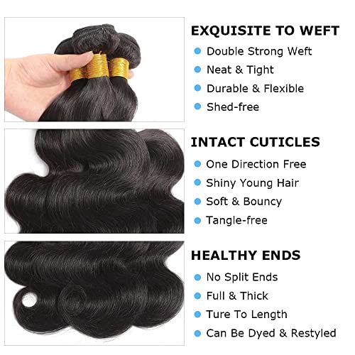 Body Wave Bundles with Closure Human Hair (18 20 22+16Inch) Brazilian 3 4x4 HD Lace Free Part 10A Grade 100% Unprocessed Virgin Natural Color