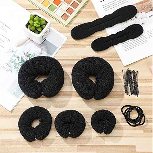 Yinder 34 Pcs Donut Hair Bun Maker Updo Set Includes Black Donut Bun Makers Small & Large Sponge Foam Hair Sponges Elastics Bands Hairpins for Hairstyle DIY