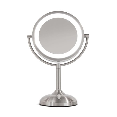 JERDON Lighted Tabletop Mirror with 10X/1X Magnification - LED Lighted Makeup Mirror with Multiple Light Settings in Nickel Finish - 8.5-Inch Diameter Vanity Mirror - Model JS8510BN