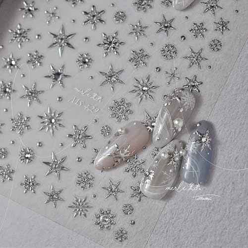 Snowflake Nail Stickers - Christmas Silver 5D Embossed Nail Decals with Rhinestone Design for Winter Nail Art Supplies